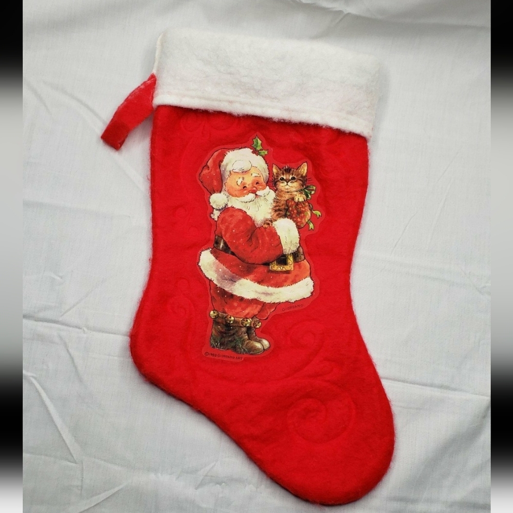 Vintage Christmas Stocking 1983 Giordano Santa and Cat